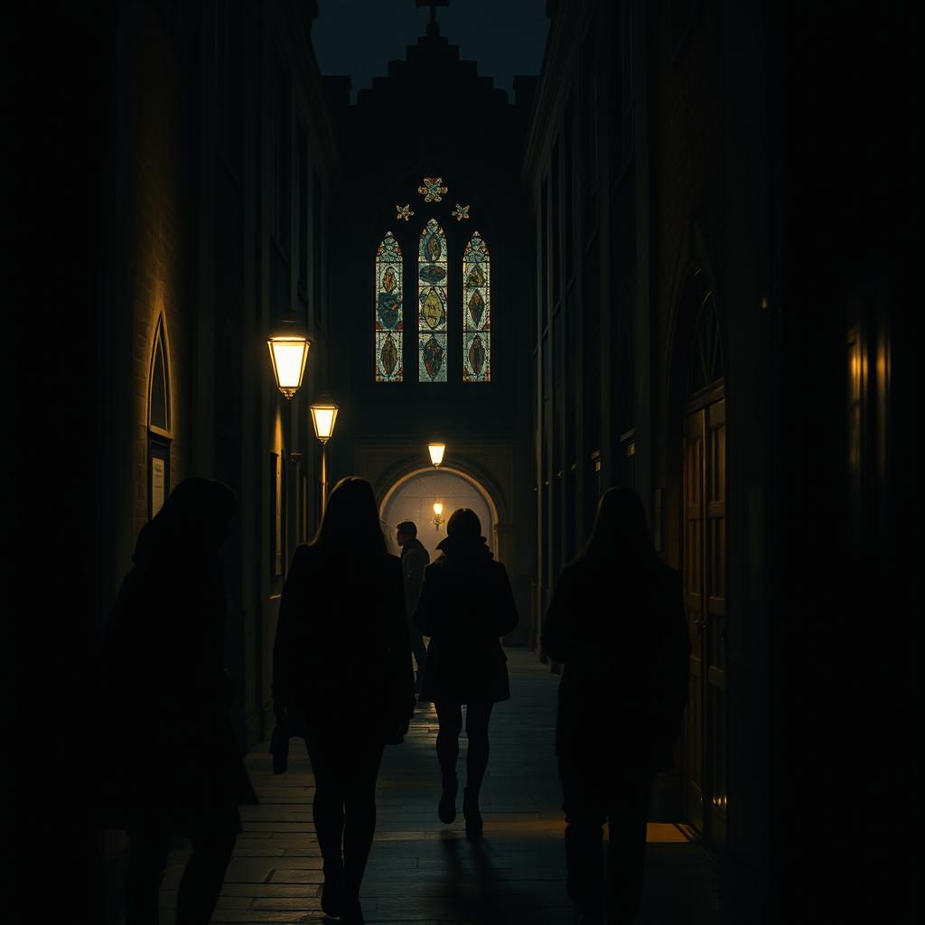 A cinematic scene reminiscent of a college movie trailer, capturing the essence of mystery and intrigue