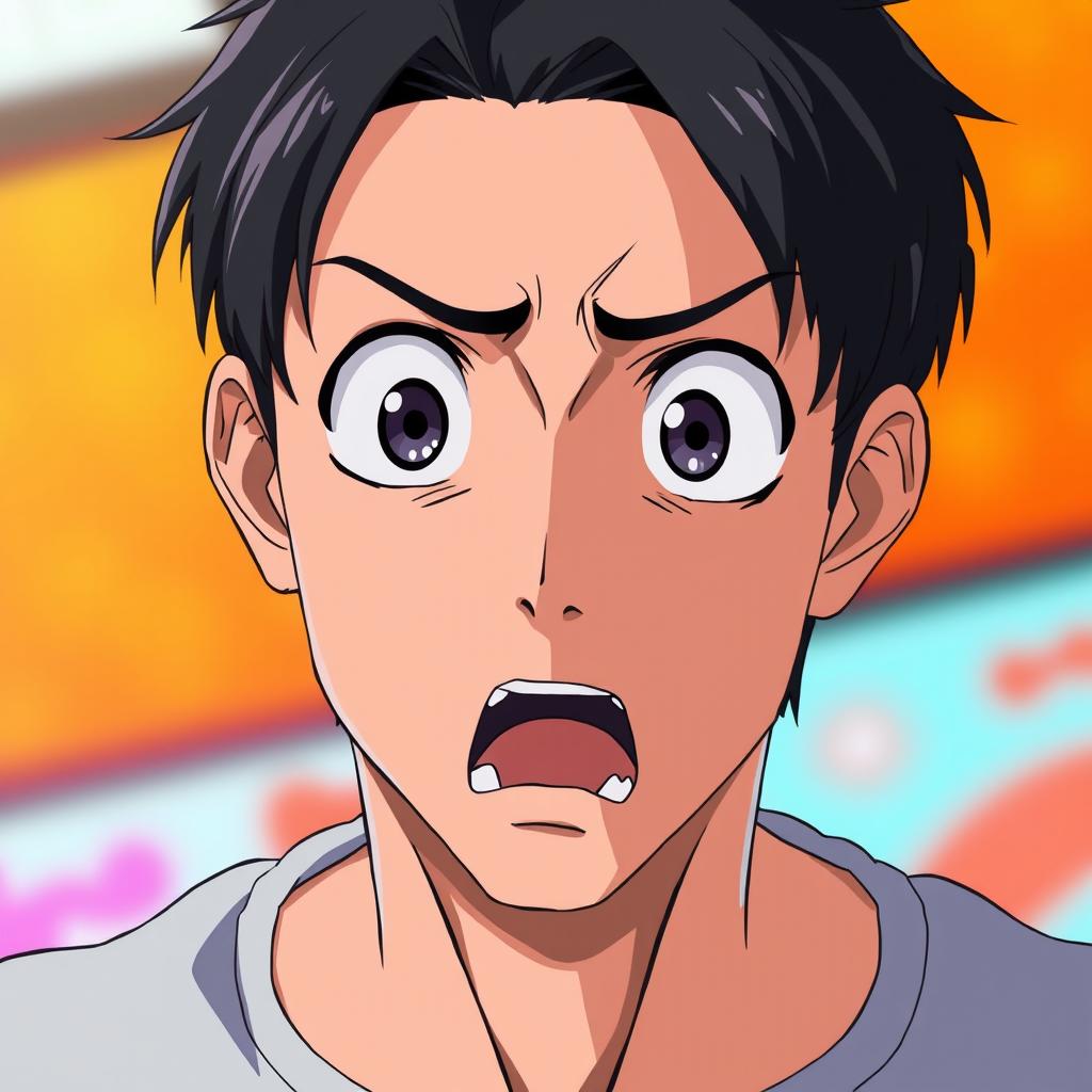 An anime-style man of Asian descent with short black hair, exhibiting a shocked expression