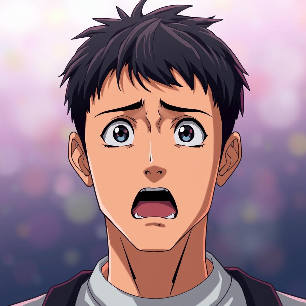 An anime-style man of Asian descent with short black hair, exhibiting a shocked expression