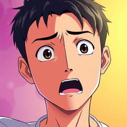 An anime-style man of Asian descent with short black hair, exhibiting a shocked expression