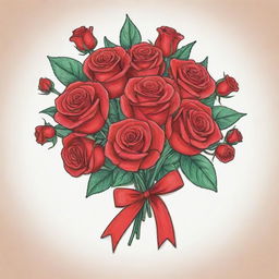 A cartoon-like, hand-drawn bouquet of vibrant red roses, adorned with a love note and ribbon, perfect as a heartfelt romantic gift.