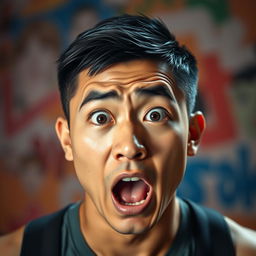 A tan Asian man with short black hair featuring a taper fade, displaying a scared and shocked expression