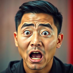 A tan Asian man with short black hair featuring a taper fade, displaying a scared and shocked expression