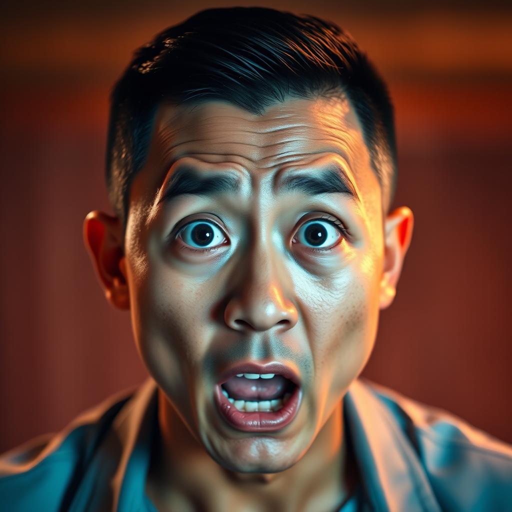 A tan Asian man with short black hair featuring a taper fade, displaying a scared and shocked expression