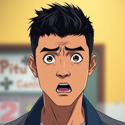 A tan Asian man in anime style with short black hair featuring a taper fade, displaying a scared and shocked expression