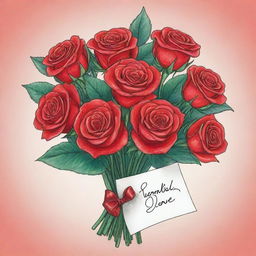 A cartoon-like, hand-drawn bouquet of vibrant red roses, adorned with a love note and ribbon, perfect as a heartfelt romantic gift.