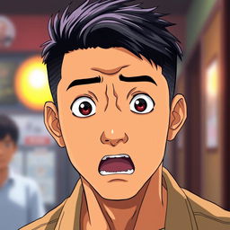 A tan Asian man in anime style with short black hair featuring a taper fade, displaying a scared and shocked expression