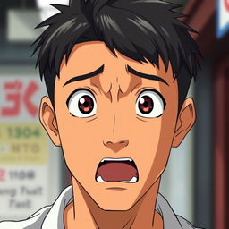 A tan Asian man in anime style with short black hair featuring a taper fade, displaying a scared and shocked expression