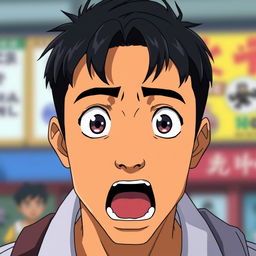 A tan Asian man in anime style with short black hair featuring a taper fade, displaying a scared and shocked expression