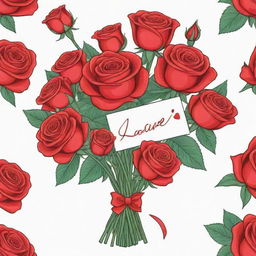 A cartoon-like, hand-drawn bouquet of vibrant red roses, adorned with a love note and ribbon, perfect as a heartfelt romantic gift.