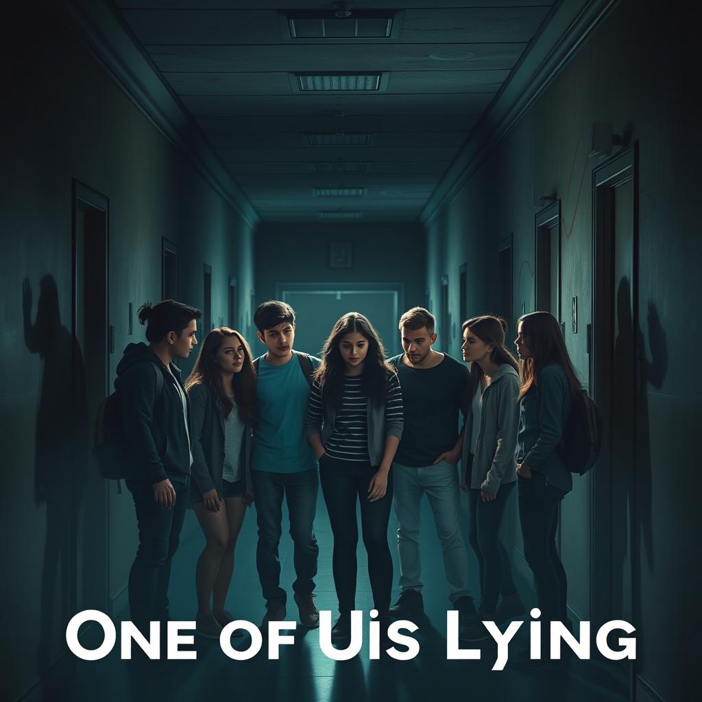 A chilling and suspenseful scene inspired by the theme 'One of Us Is Lying' in a horror context