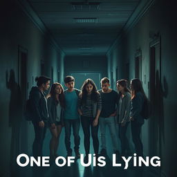 A chilling and suspenseful scene inspired by the theme 'One of Us Is Lying' in a horror context
