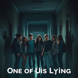 A chilling and suspenseful scene inspired by the theme 'One of Us Is Lying' in a horror context