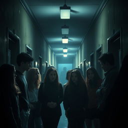 A chilling and suspenseful scene inspired by the theme 'One of Us Is Lying' in a horror context