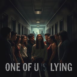 A chilling and suspenseful scene inspired by the theme 'One of Us Is Lying' in a horror context