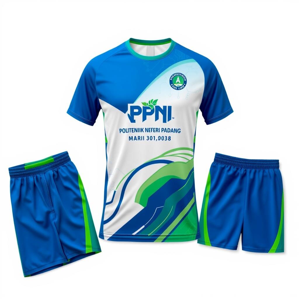 A stylish sports shirt featuring the Politeknik Negeri Padang logo prominently displayed, showcasing a vibrant color palette of blue and green to represent the institution's spirit