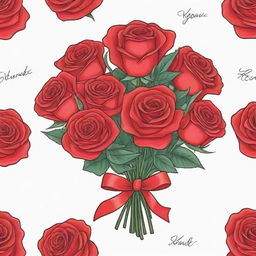 A cartoon-like, hand-drawn bouquet of vibrant red roses, adorned with a love note and ribbon, perfect as a heartfelt romantic gift.