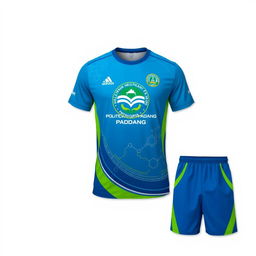 A stylish sports shirt featuring the Politeknik Negeri Padang logo prominently displayed, showcasing a vibrant color palette of blue and green to represent the institution's spirit