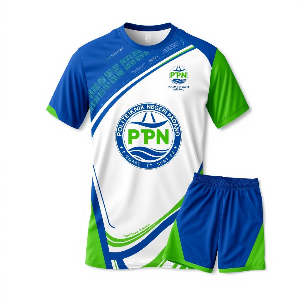 A stylish sports shirt featuring the Politeknik Negeri Padang logo prominently displayed, showcasing a vibrant color palette of blue and green to represent the institution's spirit