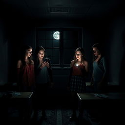 An intense and eerie scene portraying four friends in a horror-inspired setting based on 'One of Us Is Lying