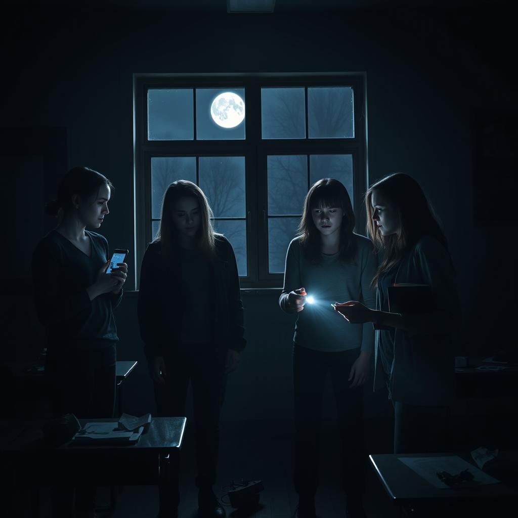 An intense and eerie scene portraying four friends in a horror-inspired setting based on 'One of Us Is Lying