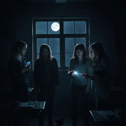 An intense and eerie scene portraying four friends in a horror-inspired setting based on 'One of Us Is Lying