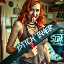 A close-up torso shot of a gorgeous female redhead with a large chest wearing a tank top adorned with punk-style chains