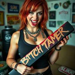 A close-up torso shot of a gorgeous female redhead with a large chest wearing a tank top adorned with punk-style chains