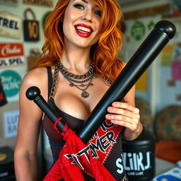 A close-up torso shot of a gorgeous female redhead with a large chest wearing a tank top adorned with punk-style chains