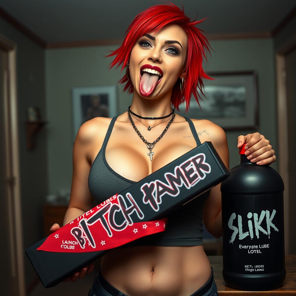 A close-up torso shot of a gorgeous female redhead with vibrant hair styled in a punk fashion