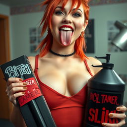 A close-up torso shot of a gorgeous female redhead with vibrant hair styled in a punk fashion