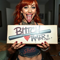 A close-up shot focusing on a gorgeous female redhead with a large chest, wearing a tank top adorned with punk chains