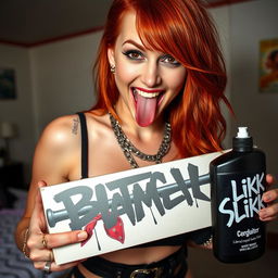 A close-up shot focusing on a gorgeous female redhead with a large chest, wearing a tank top adorned with punk chains