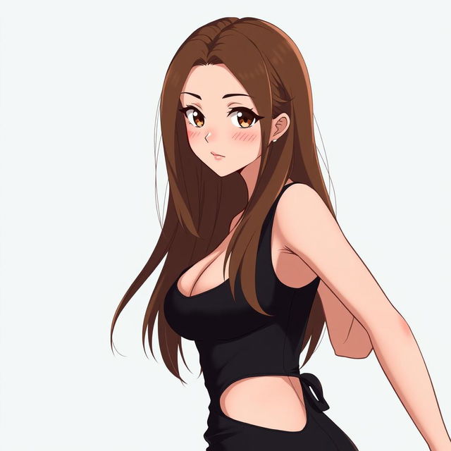 A woman in anime style with long, thick brown hair cascading down her shoulders