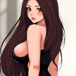 A woman in anime style with long, thick brown hair cascading down her shoulders