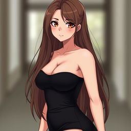 A woman in anime style with long, thick brown hair cascading down her shoulders