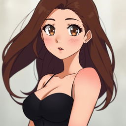 A woman in anime style with long, thick brown hair cascading down her shoulders