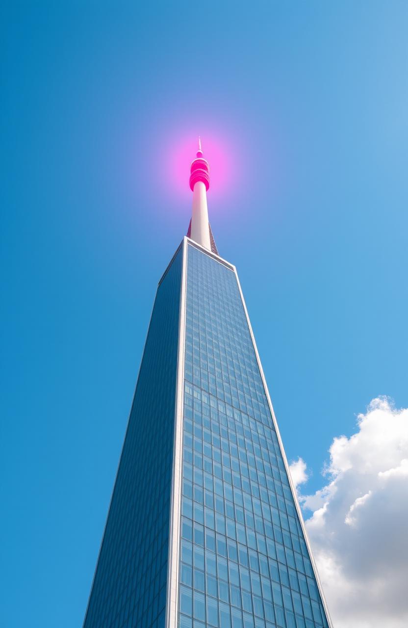 A bright red dot at the peak of a tall tower against a clear blue sky