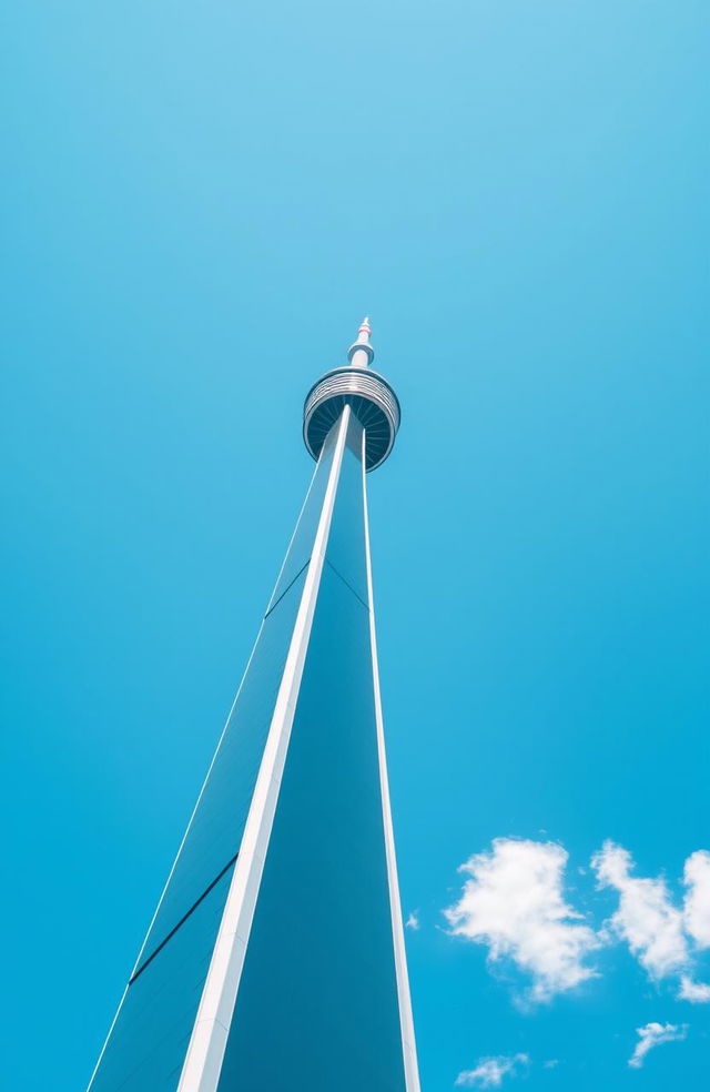 A bright red dot at the peak of a tall tower against a clear blue sky