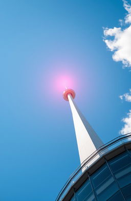 A bright red dot at the peak of a tall tower against a clear blue sky