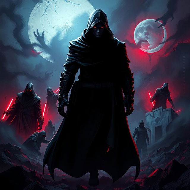 A dramatic, stylized digital artwork depicting a powerful, mysterious figure cloaked in shadows, standing confidently with a menacing look