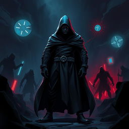 A dramatic, stylized digital artwork depicting a powerful, mysterious figure cloaked in shadows, standing confidently with a menacing look