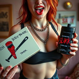 A close-up torso shot of a gorgeous female redhead with a large chest and visible cleavage, wearing a stylish tank top adorned with punk chains