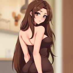 An anime style woman with long, fluffy thick brown hair that flows down her back