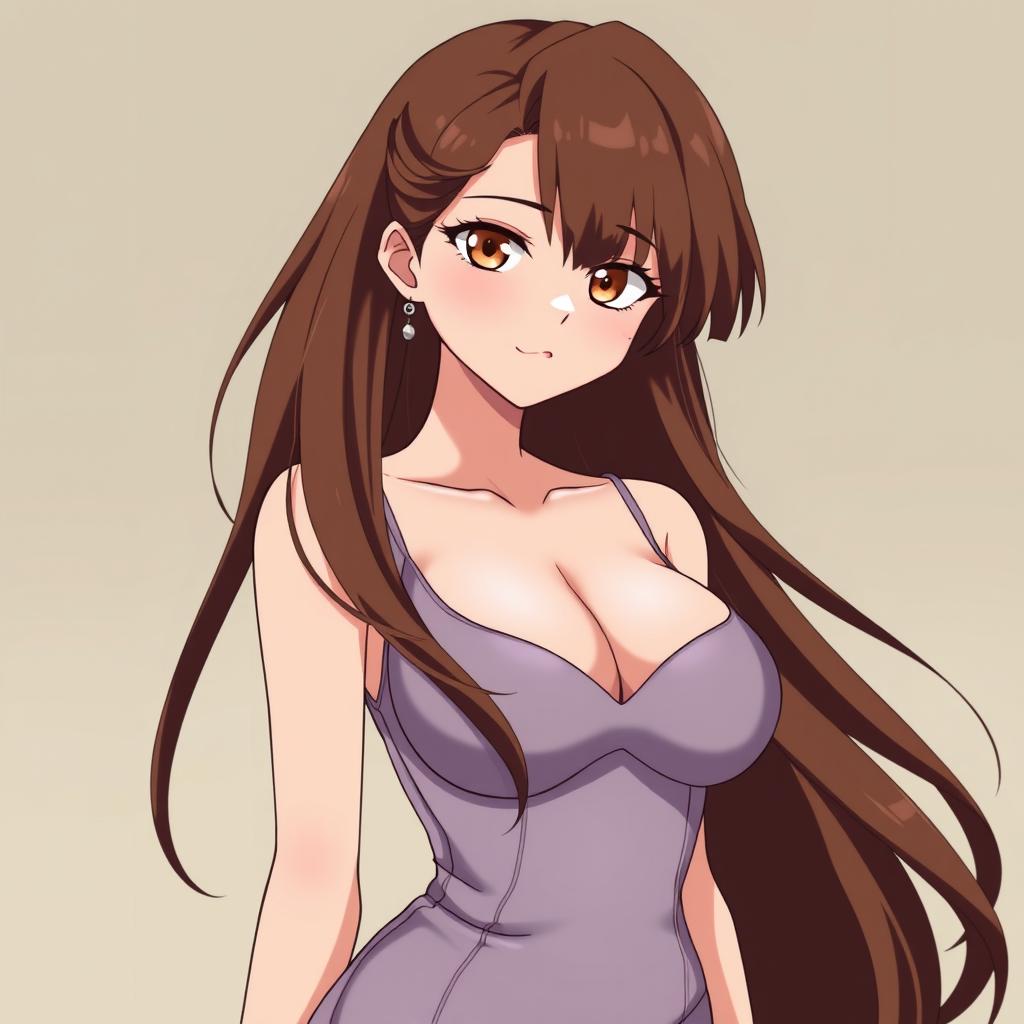 An anime style woman with long, fluffy thick brown hair that flows down her back