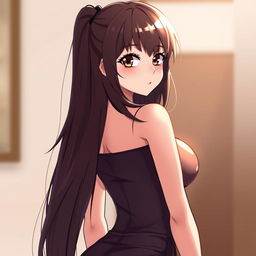 An anime style woman with long, fluffy thick brown hair that flows down her back