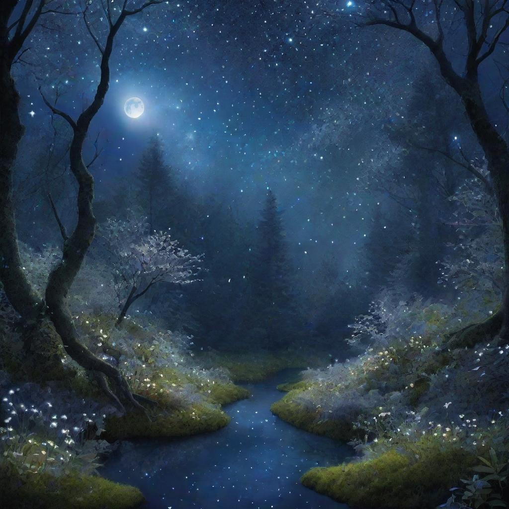 A mysterious and alluring fairyland glowing under the soft silvery moonlight with twinkling constellations in the midnight blue sky and luminescent crystals emerging from the lush, dreamlike forest foliage.