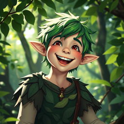 A joyful elf of the woods with luscious green hair and striking hazel eyes, depicted mid-laugh as he sings happily