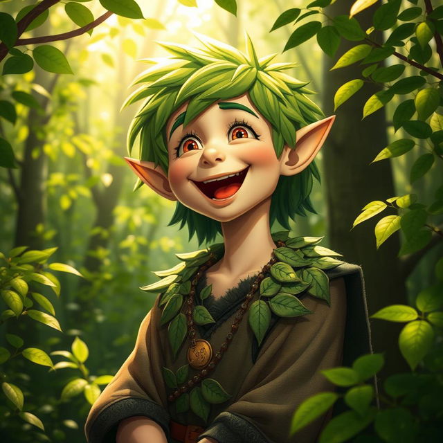 A joyful elf of the woods with luscious green hair and striking hazel eyes, depicted mid-laugh as he sings happily