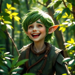 A joyful elf of the woods with luscious green hair and striking hazel eyes, depicted mid-laugh as he sings happily